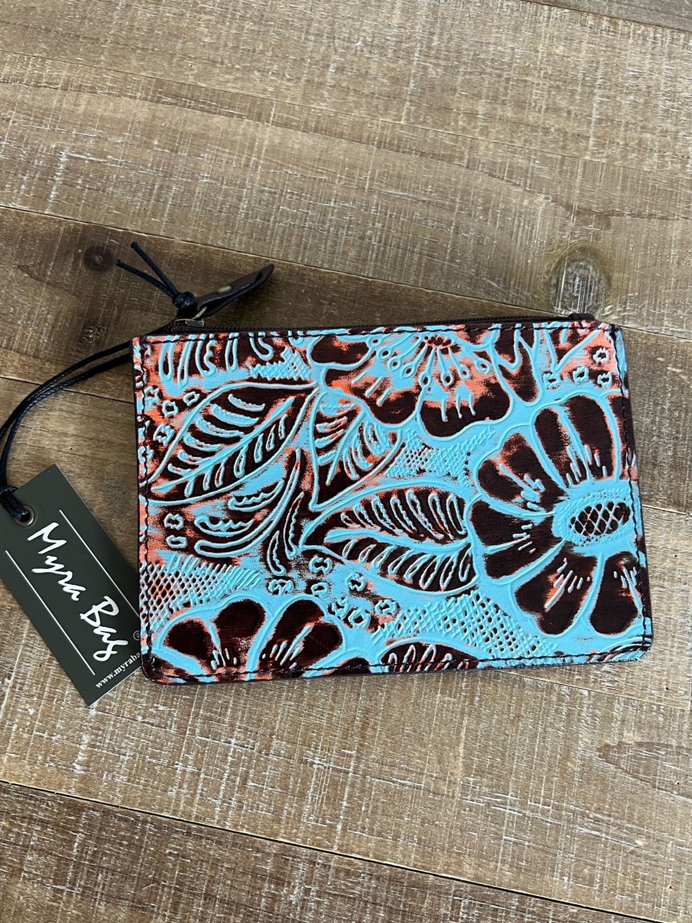 NEW Turquoise MyRa BaG Embossed Leather credit Card holder Floral gift